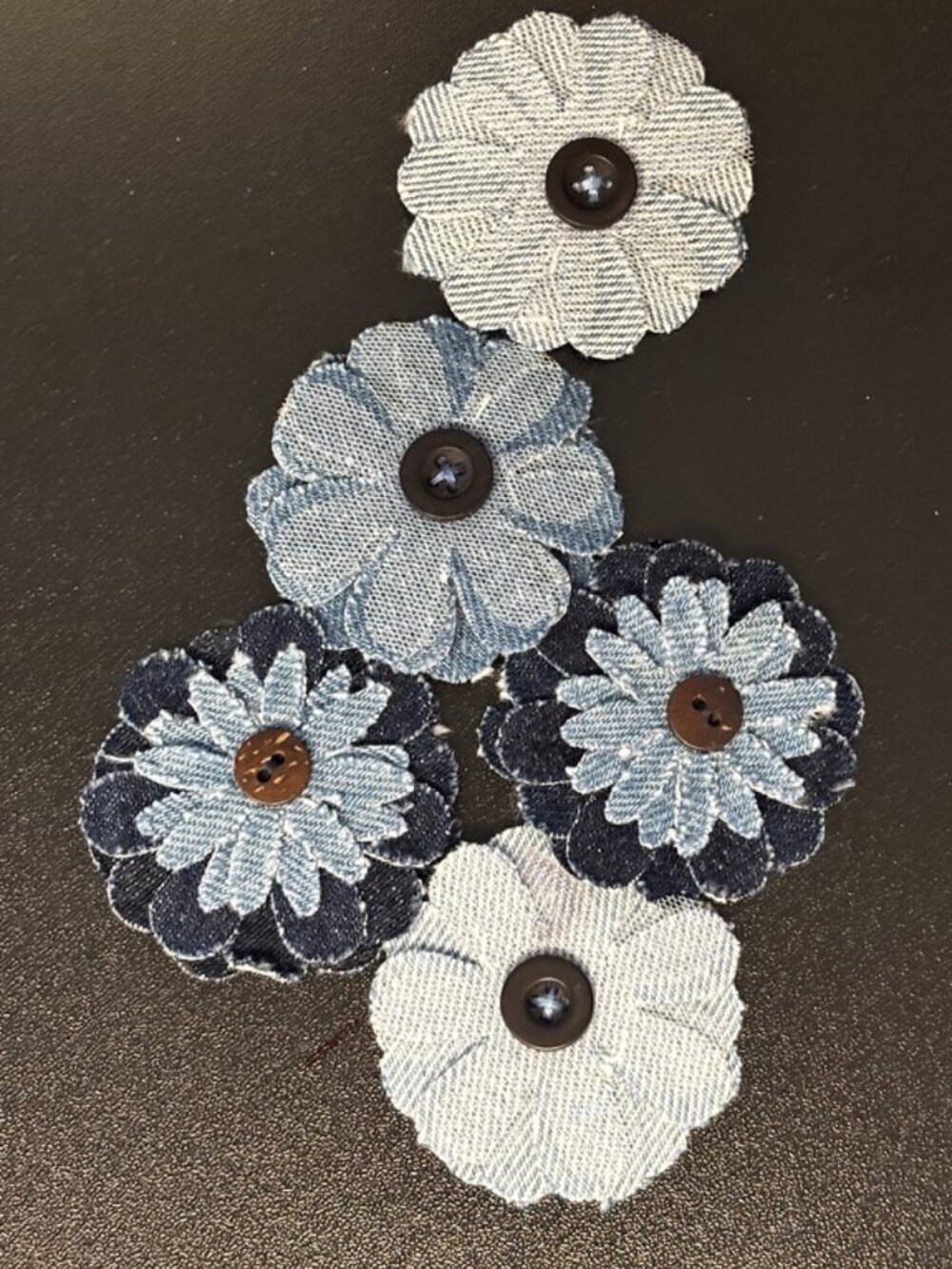 Denim Flower Appliqué Patches Set of 5 Fabric Flowers with Button Centers